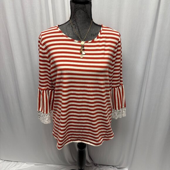 Van Heusen Top Womens Size Large Rust Cream Striped Bell Sleeve Casual Shirt - Picture 1 of 8